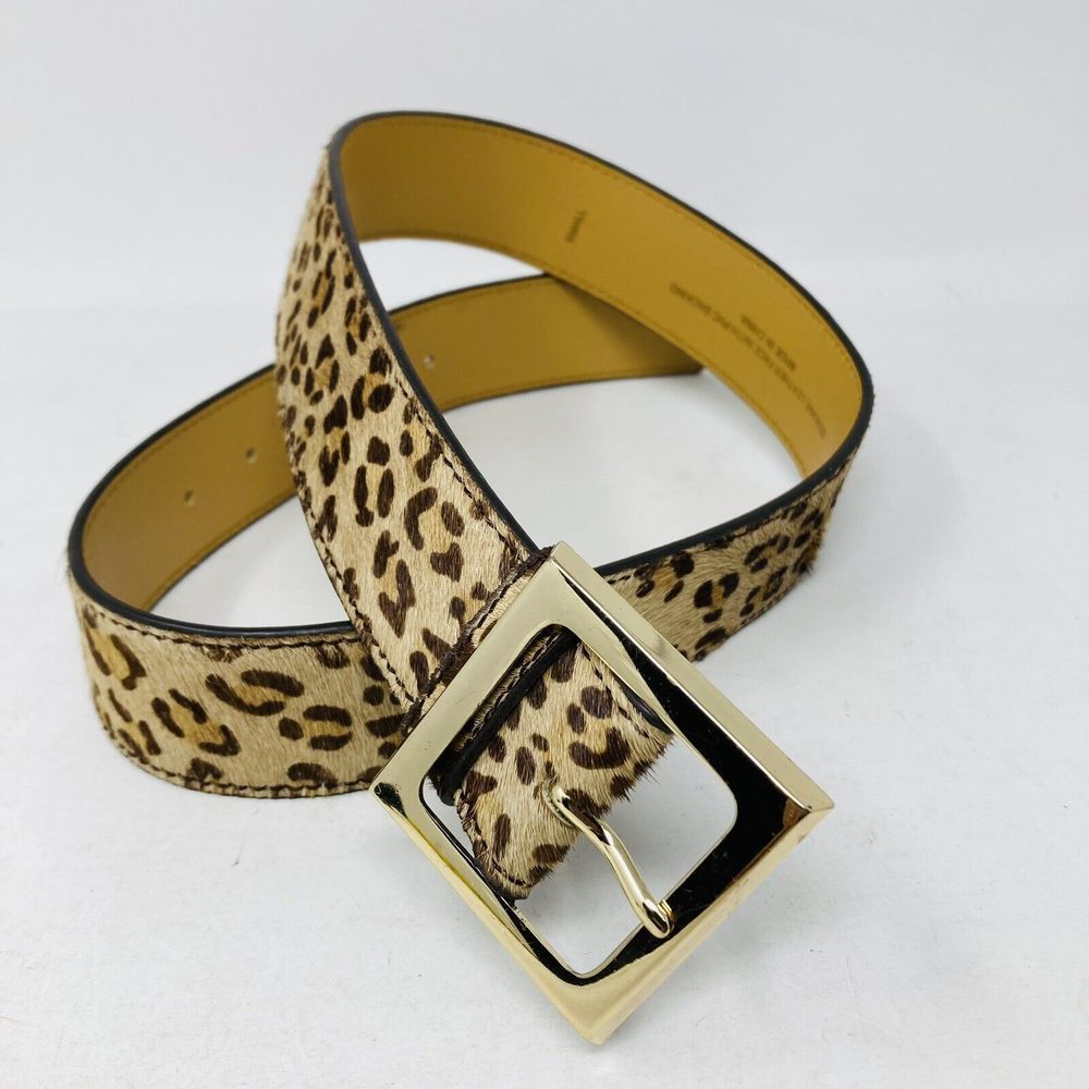 Leopard Print Leather Belt with Gold Toned Square Buckle Women Size Small 28-32”